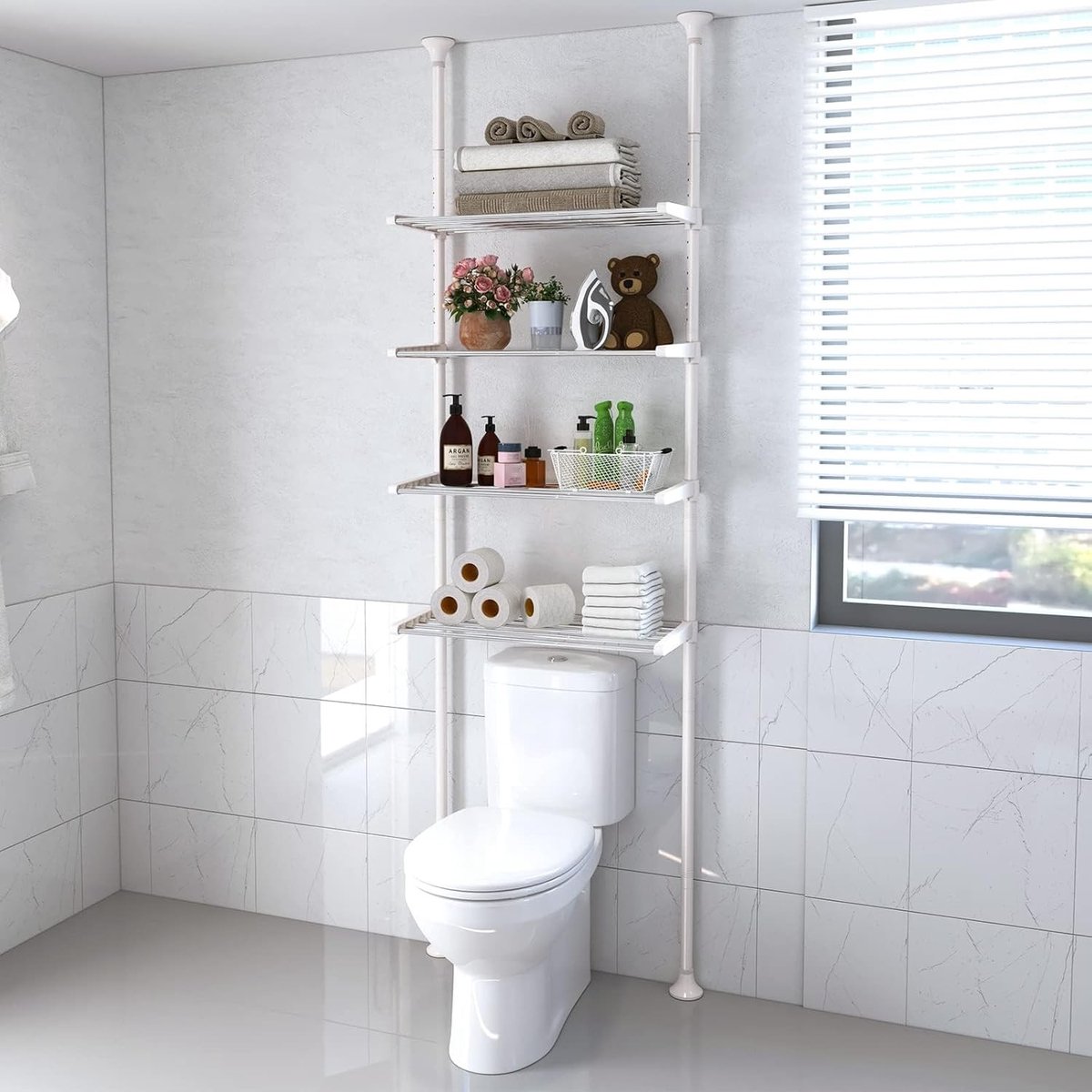 Ruimtebesparend Toilet Rek met 4 Verstelbare Planken, Douche Organiser en Kledinghangers zonder Boren, 295 x 58 x 25 cm