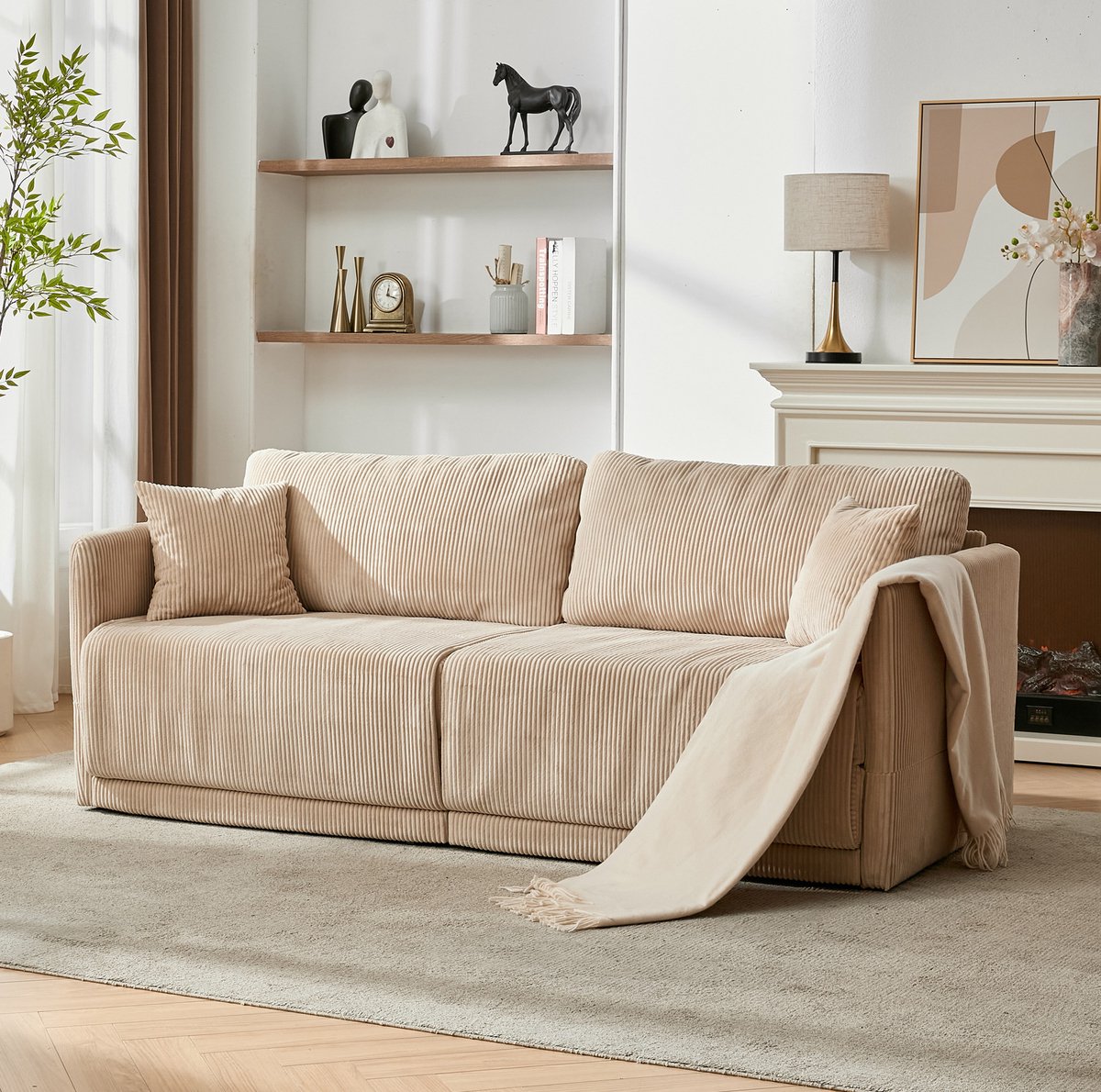 MIVRAY Slaapbank 2-Zits - Uitklapbaar Met Slaapfunctie - Voor Woonkamer, Kantoor En Studio - Ribstof Polyester - Beige