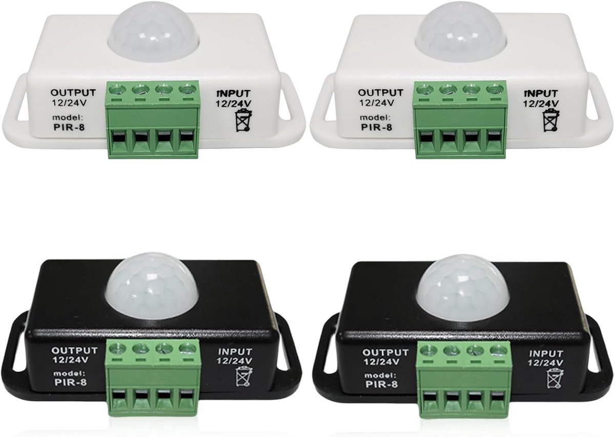 SnelShoppen - 4 Stuks Infrarode PIR Sensor: DC 12V 24V Bewegingssensor Schakelaar Voor Buiten LED Strips/Lampen Met 8m Bereik 120° Hoek