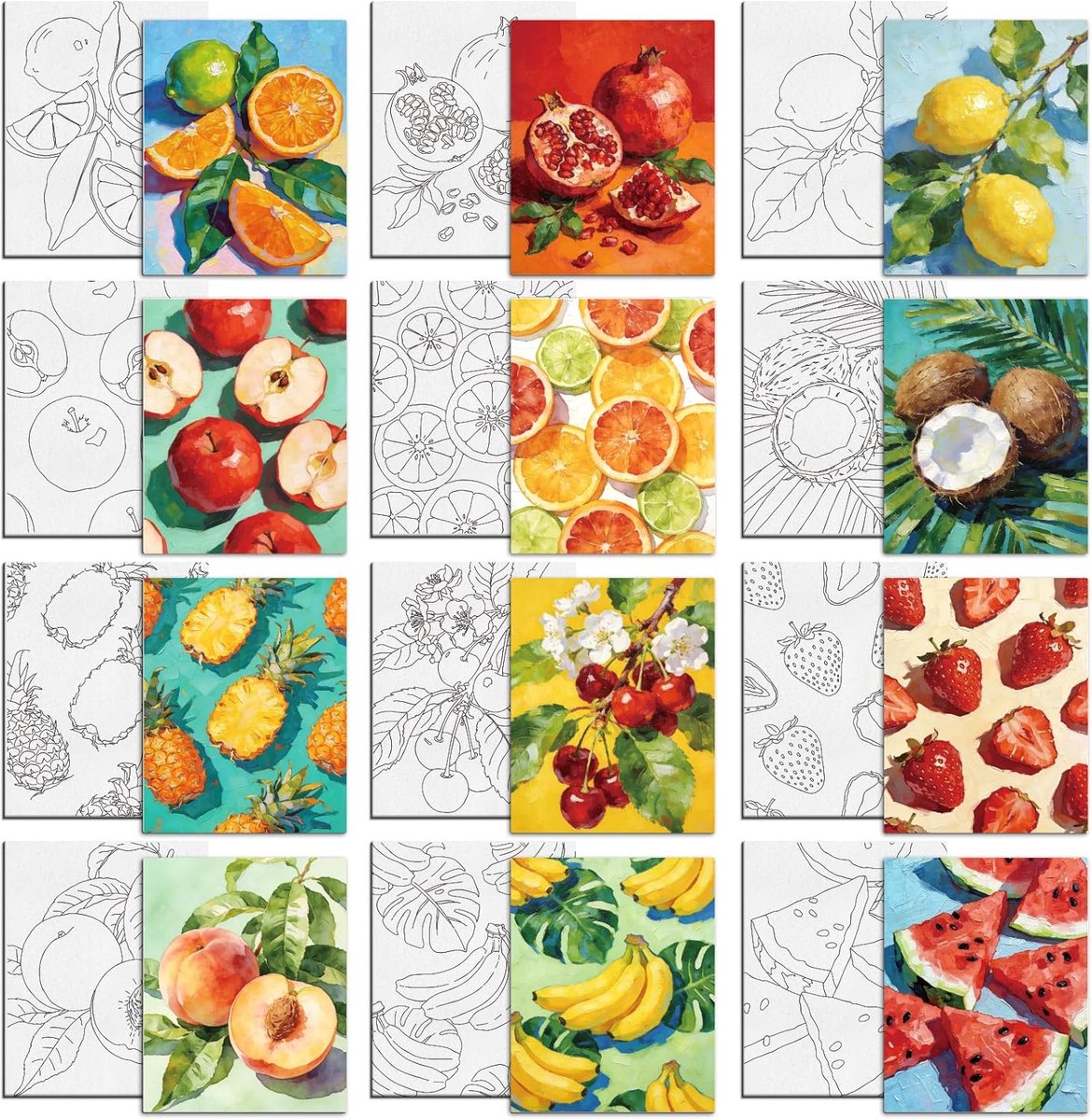 SnelShoppen - 12 Stuks Voorgetekende Canvas om te Schilderen voor Volwassenen - Fruitthema's zoals Sinaasappel en Granaatappel - 25x20 cm - DIY Verf K