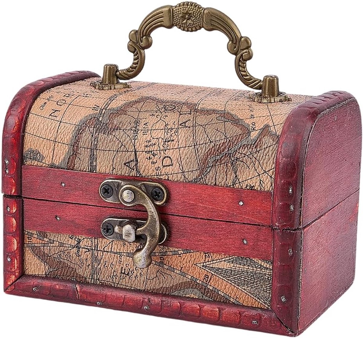 SnelShoppen - Retro Mini Sieradenkistje in Piratenstijl van PU Leer en Hout - Vintage Decoratieve Schatdoos met Handvat - Ideaal voor Sieraden, Kralen