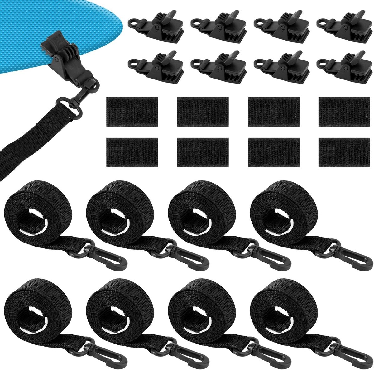 SnelShoppen - 24-delige Bevestigingsset voor Zonnezeil van Zwembad, Inclusief 8 Nylon Straps met Haken, 8 Clips en 8 Klittenband Bevestigers - Ideale