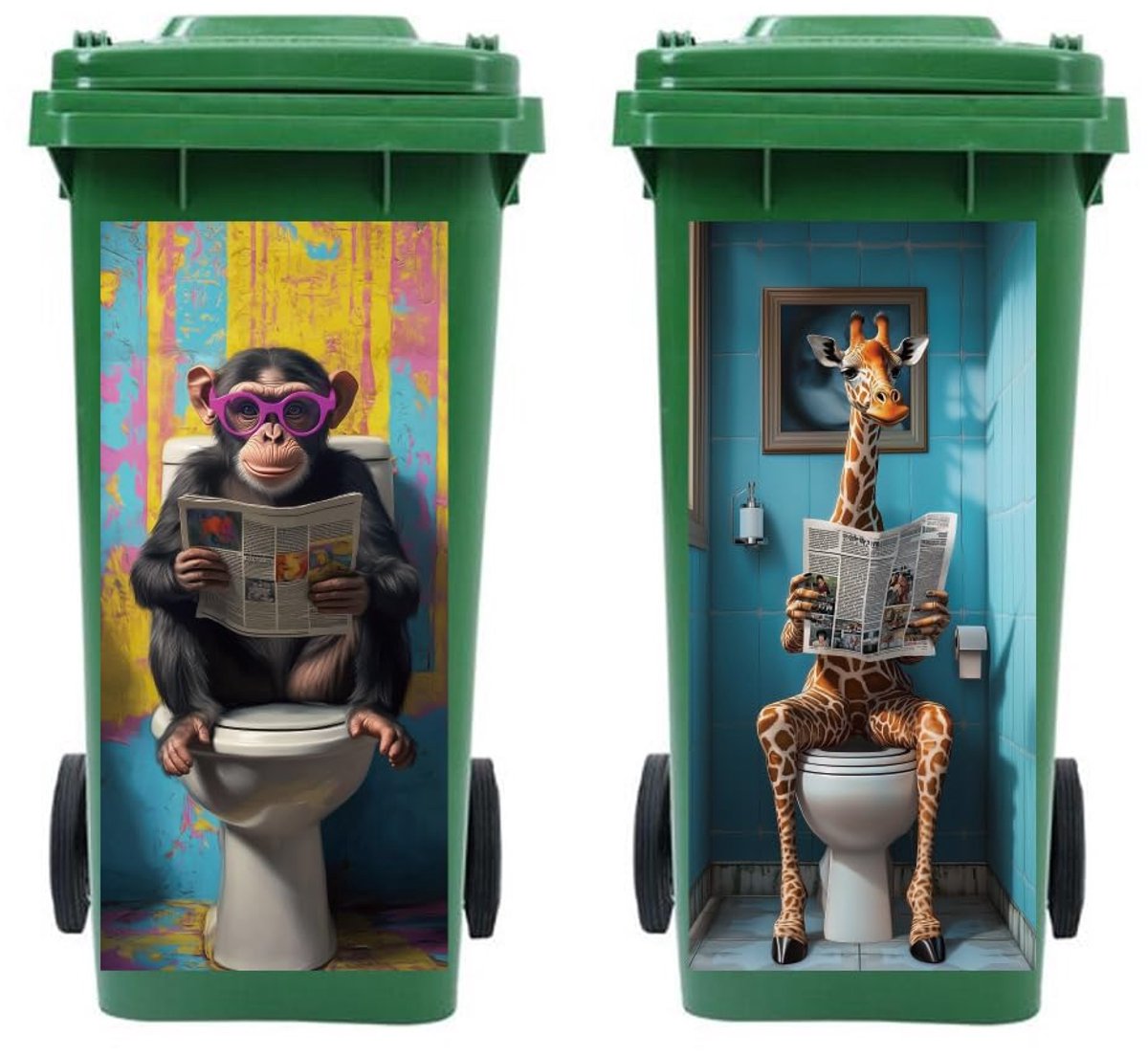SnelShoppen - Peacoblue Afval Stickers - 2 Vel - Giraffe en Gorilla op het Toilet - Waterdichte Zelfklevende Stickers 38 x 81 cm voor Afvalbakken Tuin