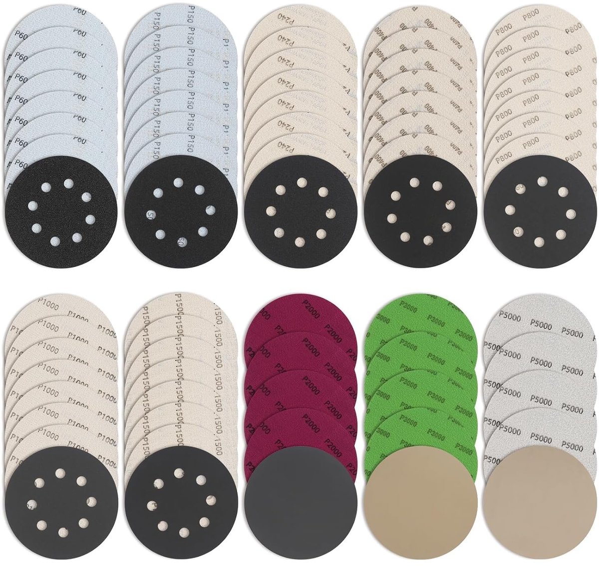 SnelShoppen - Schuurpapier 125 mm Set, 71 Stuks, Nat en Droog Schuurdiscs, Ronde Schuurpads zonder Gat, Korrel 60-5000 voor Excentrische Schuurmachine