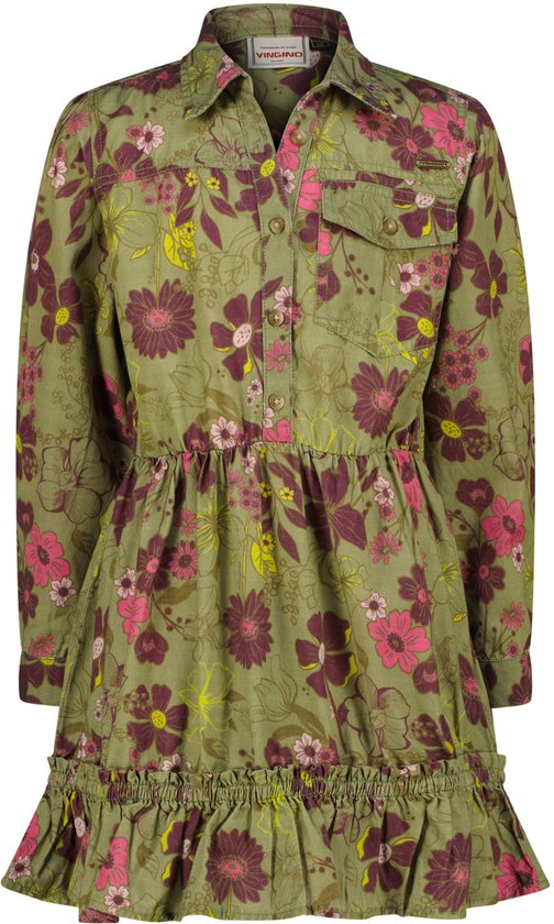 Olijfgroene jurk met bloemenprint, knoopsluiting, borstzak en zoom met ruches. Vingino-label op de borst.