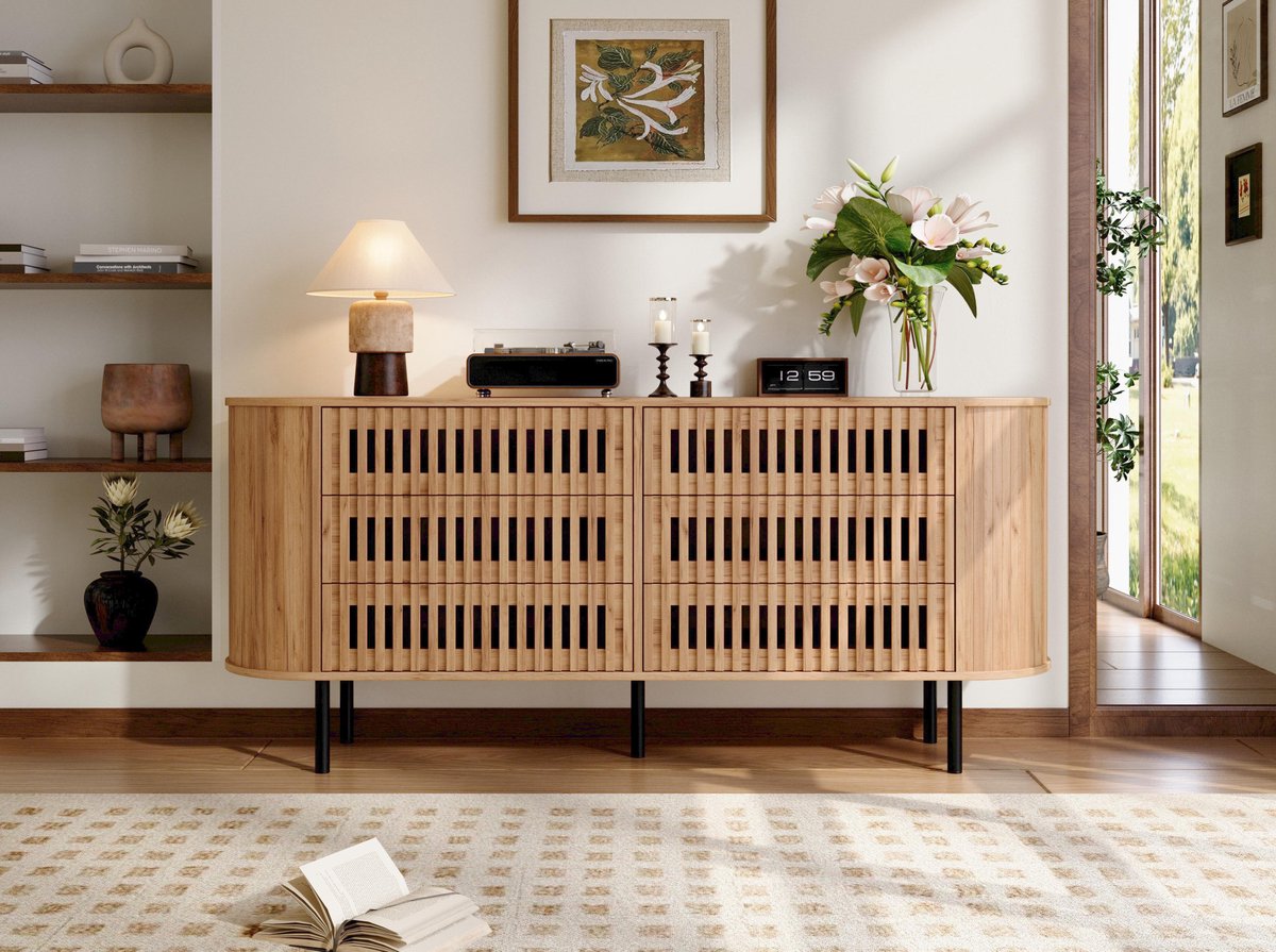 FloraGrace Dressoir - Lamellendesign Met 6 Lades - Voor Woonkamer En Hal - MDF En Metalen Poten - 160x40x70 Cm - Naturel