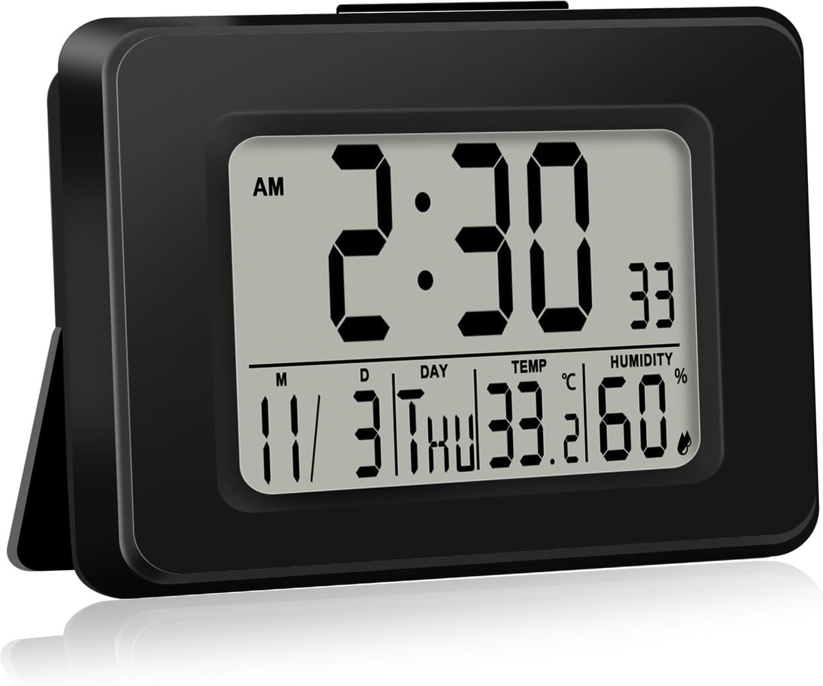 SnelShoppen - Digitale Wekkerradio met Thermometer en Hygrometer, Zwarte Digitale Klok met Achtergrondverlichting, Automatische Tijdsynchronisatie, We