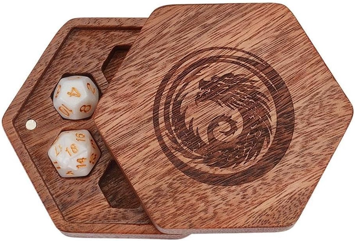 SnelShoppen - Hexagonale Houten Dobbelstenen Opslagdoos met Draak Gravure - Magnetische Dobbendoos voor Polyhedrale Dobbelstenen, RPG en Tafelspellen,