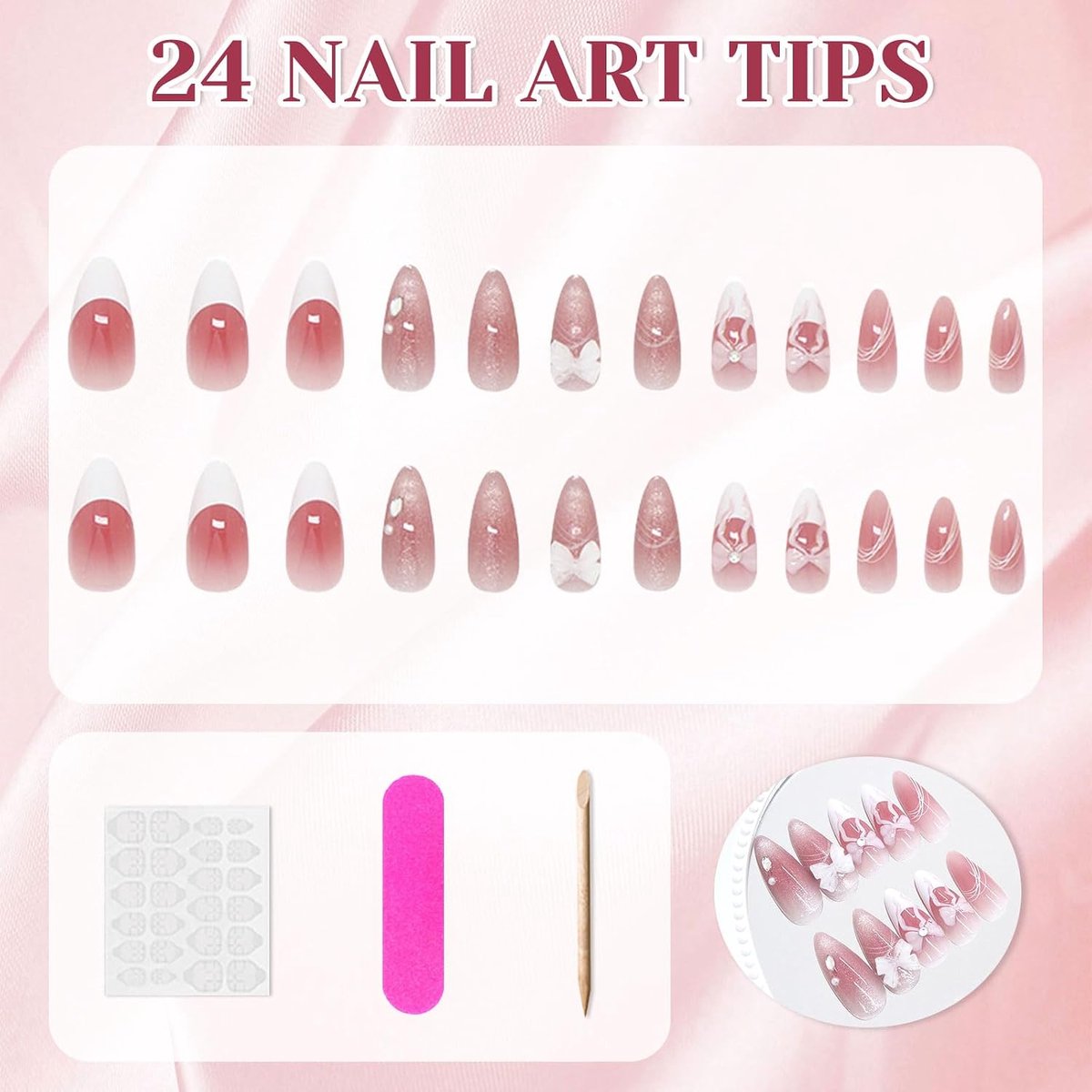 Kunstnagels 24 Stuks Amandelvorm - Medium Roze Ombre Wit Franse Nageltips - ShopVlot