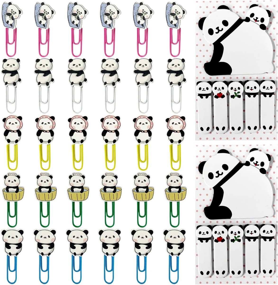 SnelShoppen - 30 stuks panda-papieren clips en 2 panda-notities, schattige schrijfwaren voor thuis, school en kantoor, zelfklevend, rood, zwart, wit,