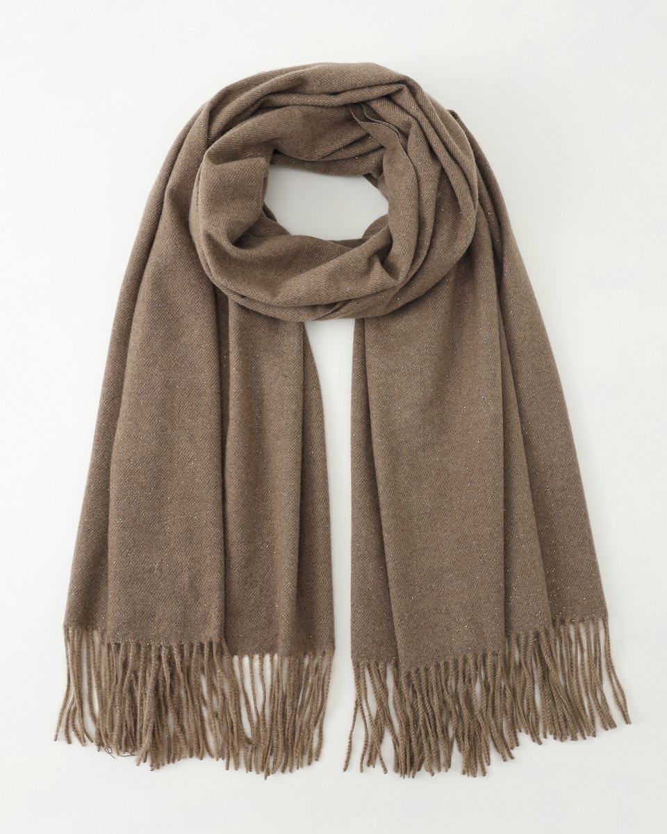 Nouka - Dikke Winter Sjaal - Taupe Sjaal - Subtiele Glitter - met Franjes - Cadeau voor Vrouwen - 65 x 180 cm