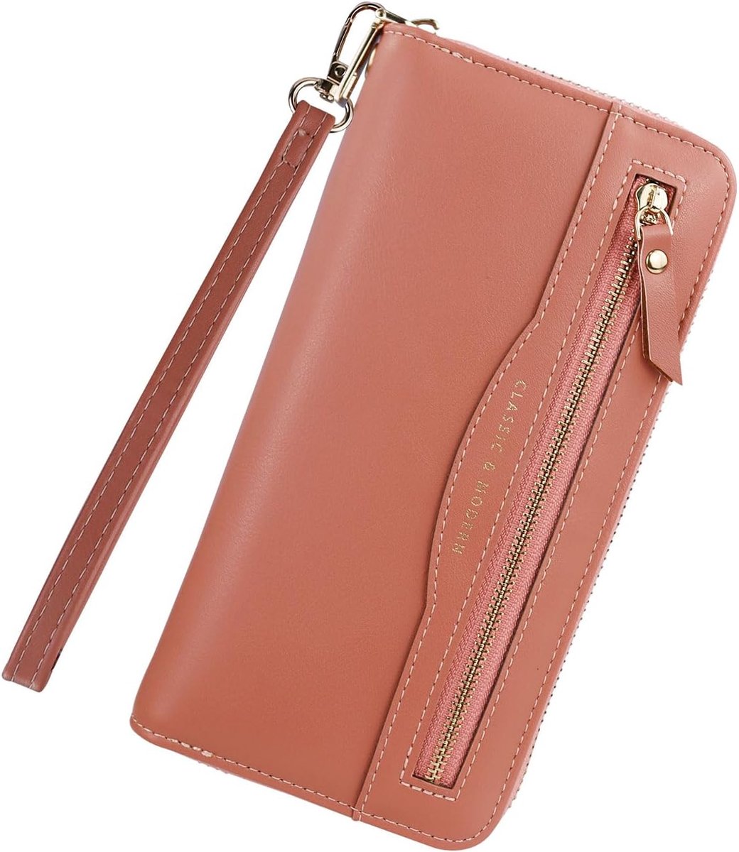 SnelShoppen - Grote Damesportemonnee van Zacht PU-leer met Afneembare Armband, 8 Kaartsleuven, Ritssluiting en Muntvakken, Roze 20x10x3 cm, Hedendaags