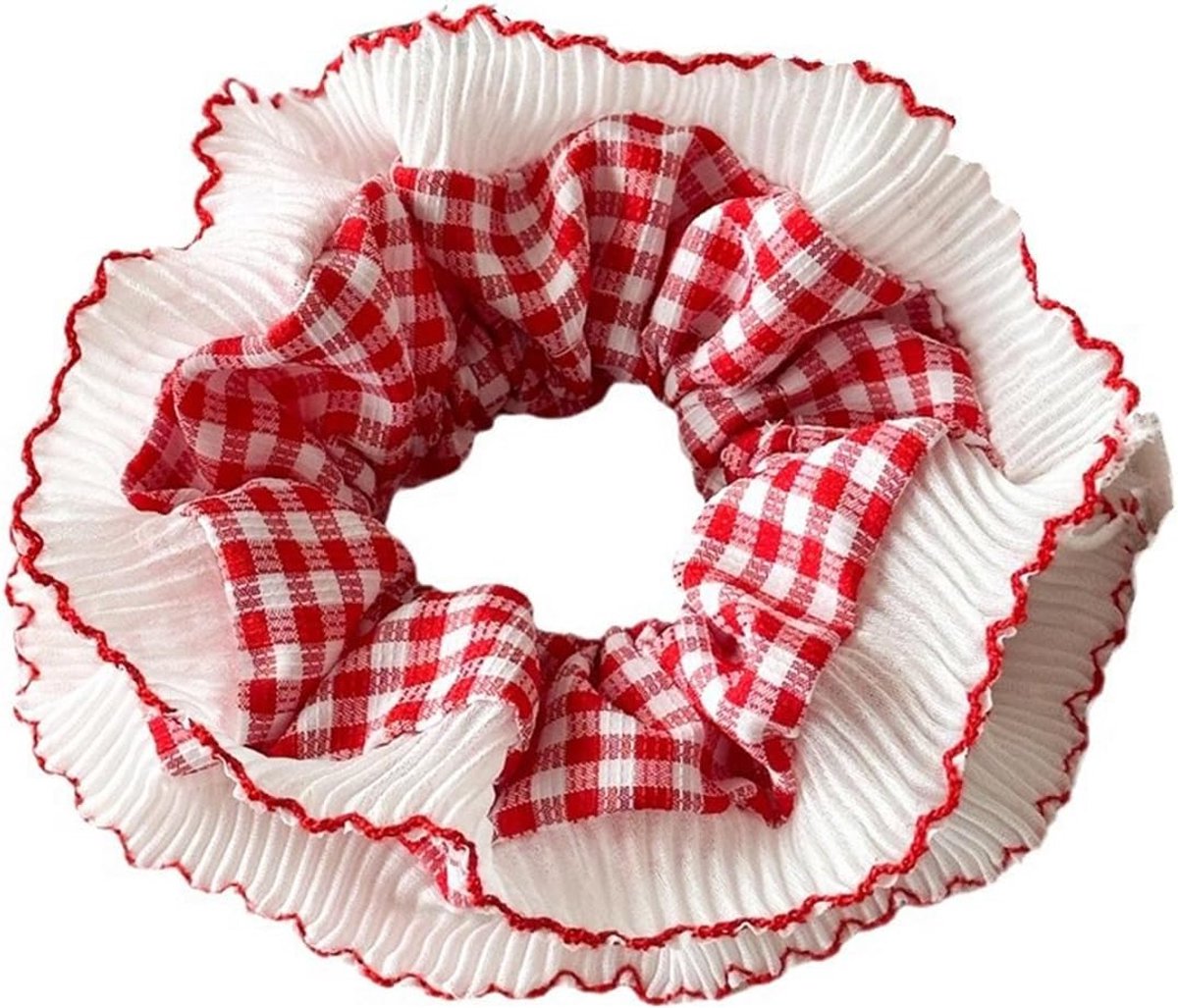 Laroal Oversized Frilly Rood Wit Gingham Scrunchies Haarelastiek Voor Vrouwen Kant Elastische Haarelastieken Touwen - ShopVlot