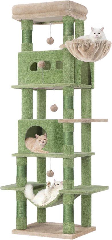 Groene kattenboom met meerdere verdiepingen, hangmat, mand, ballen en 3 katten.