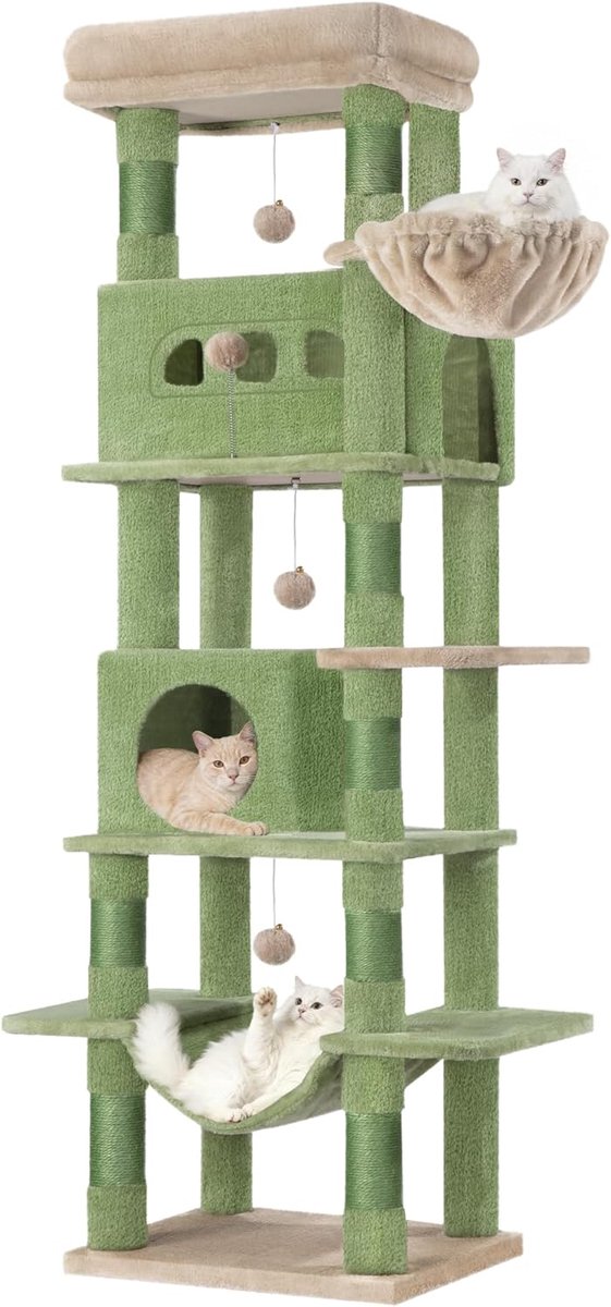 Hzuaneri Grote Krabpaal, 170 cm hoog, met 8 krabpalen, 2 holen, grote platforms, wasbare mat, hangmat, pluche ballen, krabpaal met meerdere niveaus, groenbruin