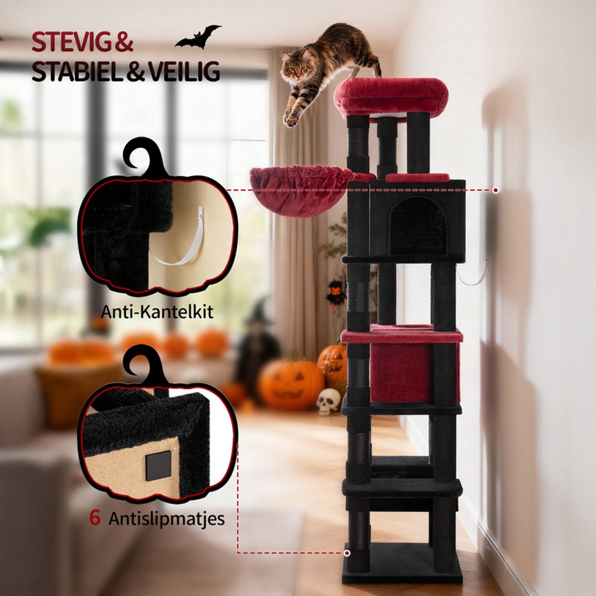 Hzuaneri Krabpaal groot, 170 cm, kattentoren voor maine-kat, grote kat, meerlaagse krabpaal met grote zitstang, wasbare mat, kattenhuismeubel met 2 holletjes, 8 krabbomen, Zwart Rood thumbnail 5