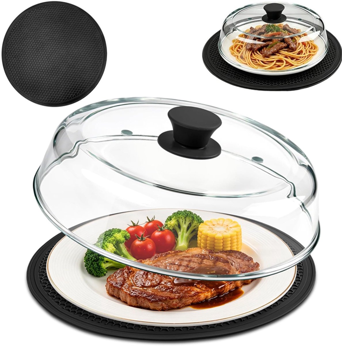 Magnetrondeksel - Glazen spatdeksel met siliconen mat - Hittebestendig - Met ventilatiegaten en handvat - BPA-vrij - Vaatwasserbestendig - 26 cm - Transparant