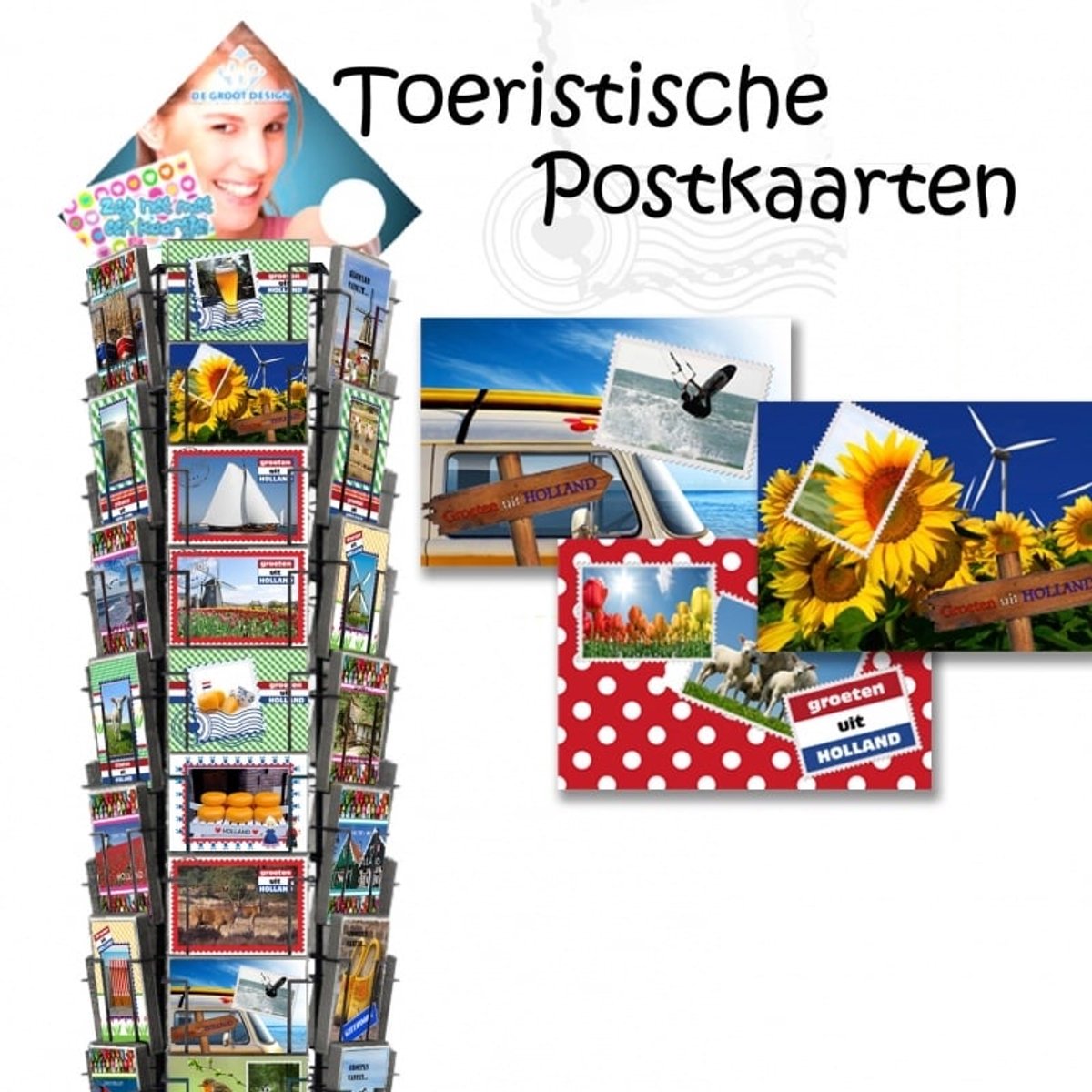 Postkaarten toeristisch 15x10cm complete serie inclusief display in bruikleen, topkaart en backcards