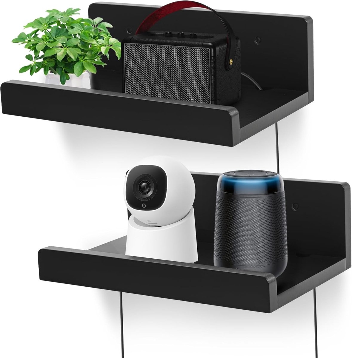 Wandregalen Set van 2, 30 cm Massief Hout met Kabelopeningen voor Router, Webcam en Smart Speaker – Zwart