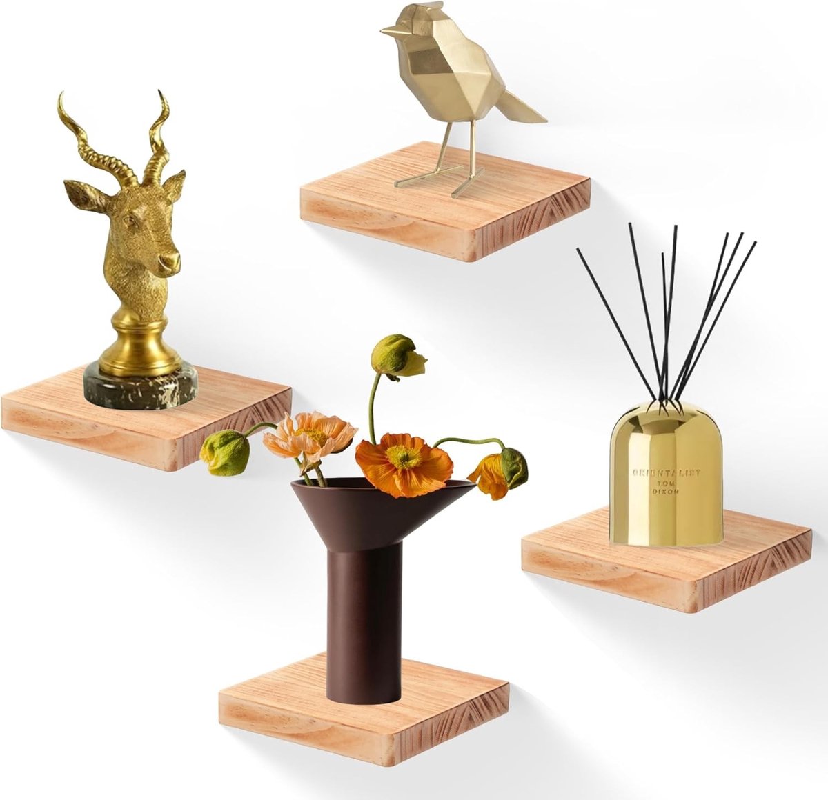 Set van 4 Zwevende Wandplanken van Massief Hout, Decoratieve Planken voor Badkamer, Slaapkamer en Keuken in Karbonis zwart