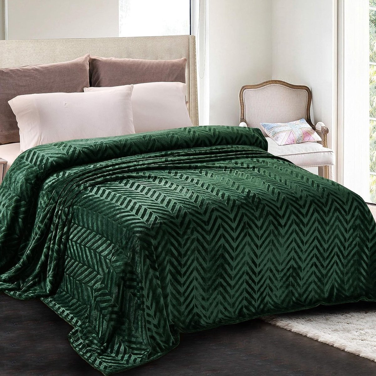 Cuddly Dekbed met Chevron Patroon, 220 x 240 cm, Warm en Zacht Fleece, Flanel, Donkergroen, Perfect voor Slaapkamer en Woonkamer