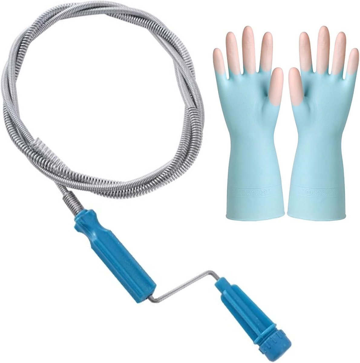 Pijpreinigingsspiraal 3 m voor effectieve afvoerreiniging, inclusief latexhandschoenen voor toilet, wastafel en badkuipafvoer