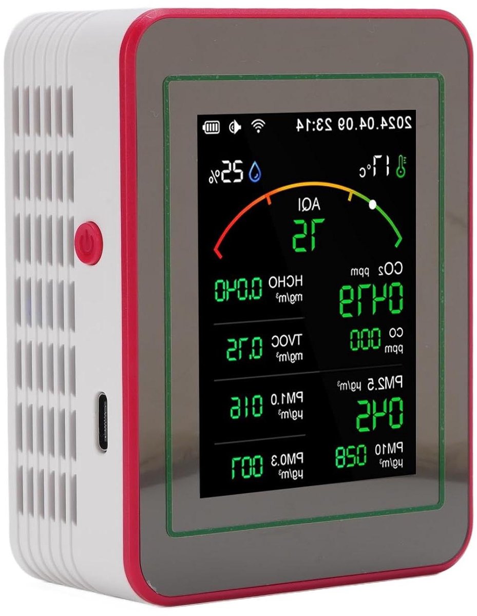 Luchtkwaliteitsmonitor - Luchtmeter Detector - Binnenlucht Meten - 15-in-1 Metingen - 2.8 Inch LCD - Zwart Rood Wit