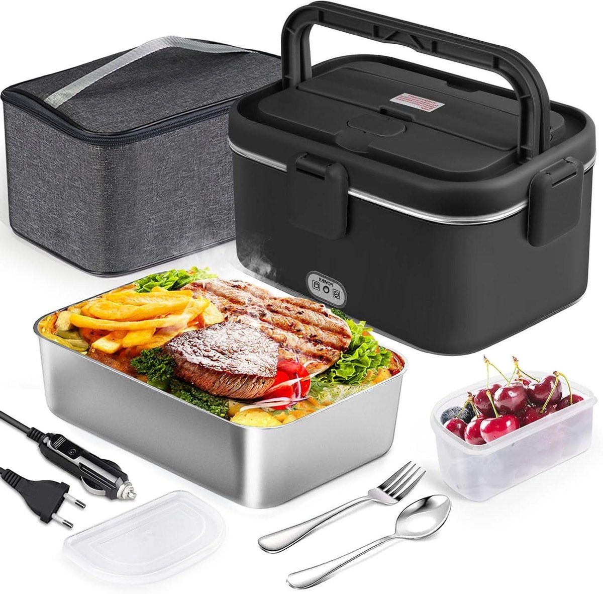 Elektrische lunchbox - Verwarmde voedselwarmer - Warm eten onderweg - 3-in-1 aansluiting - 18 Liter - Zwart