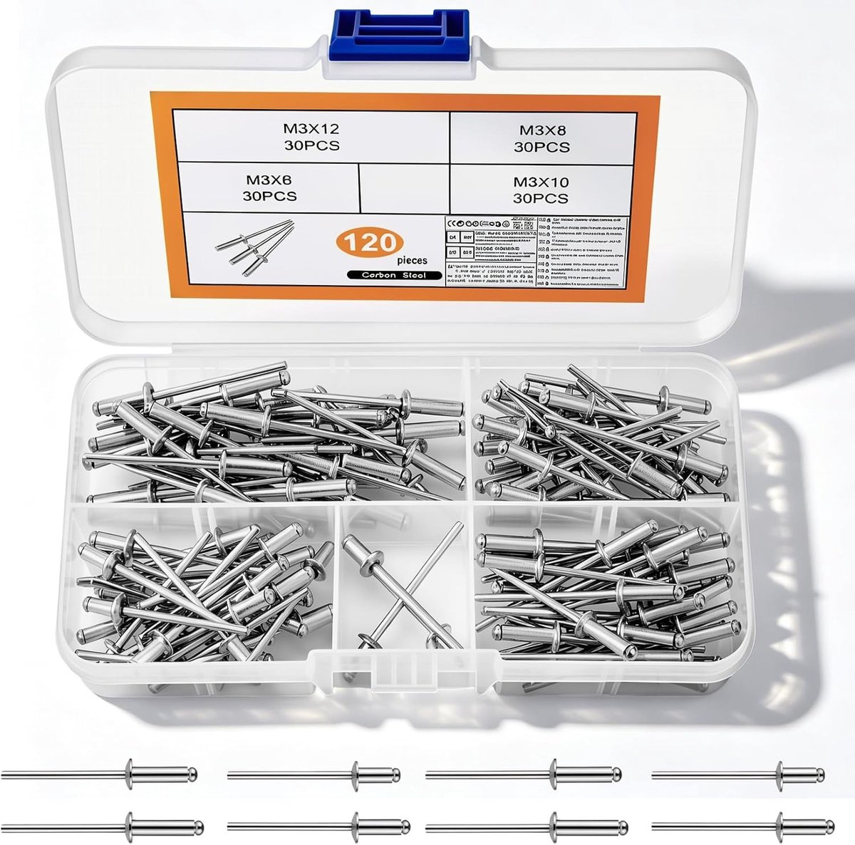 120-delige Aluminium Blinde Popnagelset voor Metaal, Hout en Kunststof - Assortiment Open Eind Popnagels in Zilver