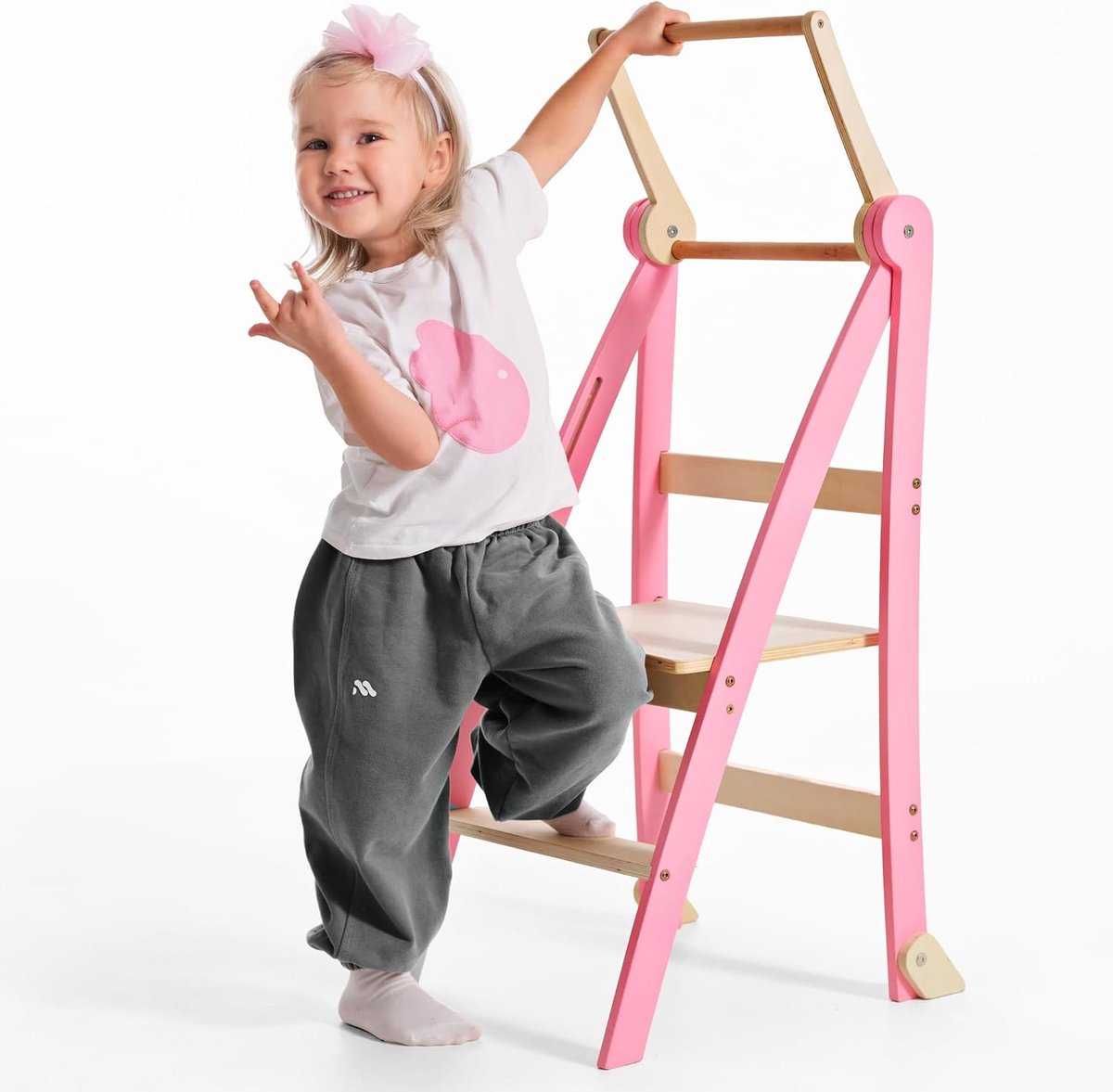 SnelShoppen - Houten Leerladder Montessori - Ruimtebesparende Vouwbare Leren Ladder Stoel voor Kinderen - Opvouwbare Kindertrap met Leer en Kantelbeve