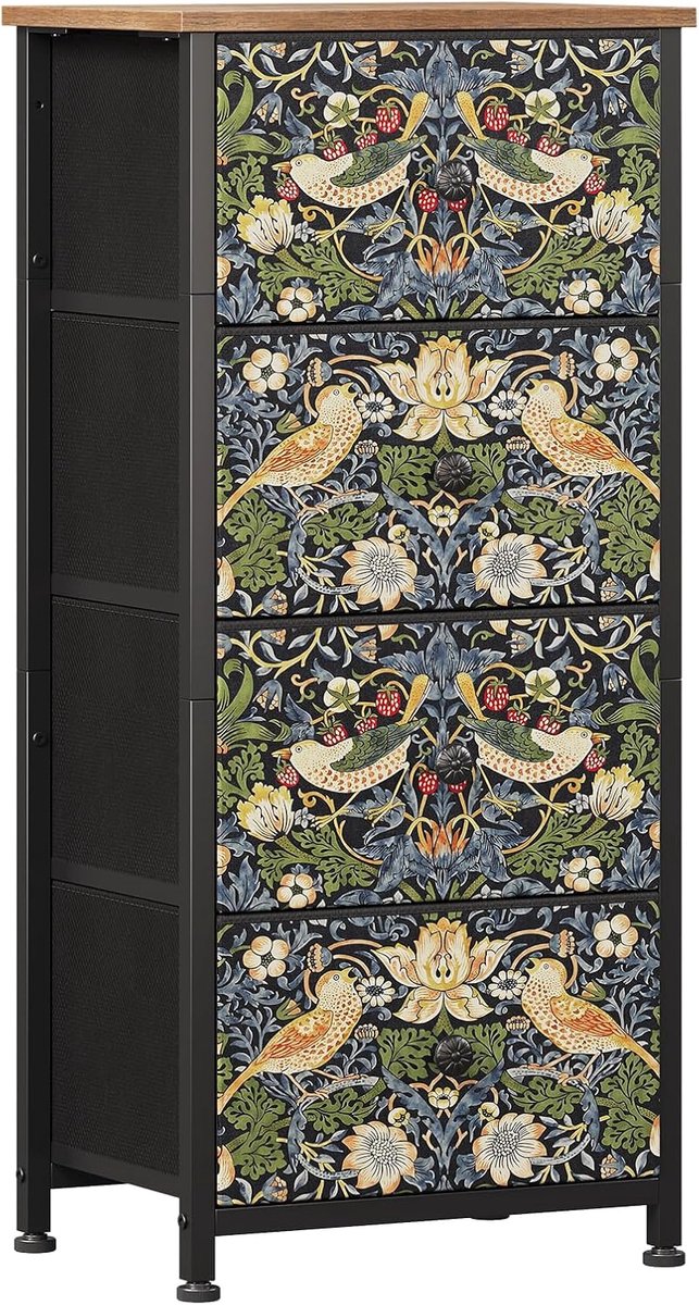 Home & Beyond® Stoffen Ladekast met 4 Lades - Smalle Commode en Dressoir - Aardbei Bloemenpatroon - 42 x 30 x 93 cm