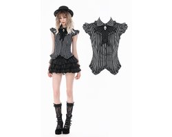 Dark in Love - Gothic Striped with Crow Emblem, Ruffled Wing Sleeves and Victorian Swallowtail Hem Blouse - XS - Zwart/Grijs