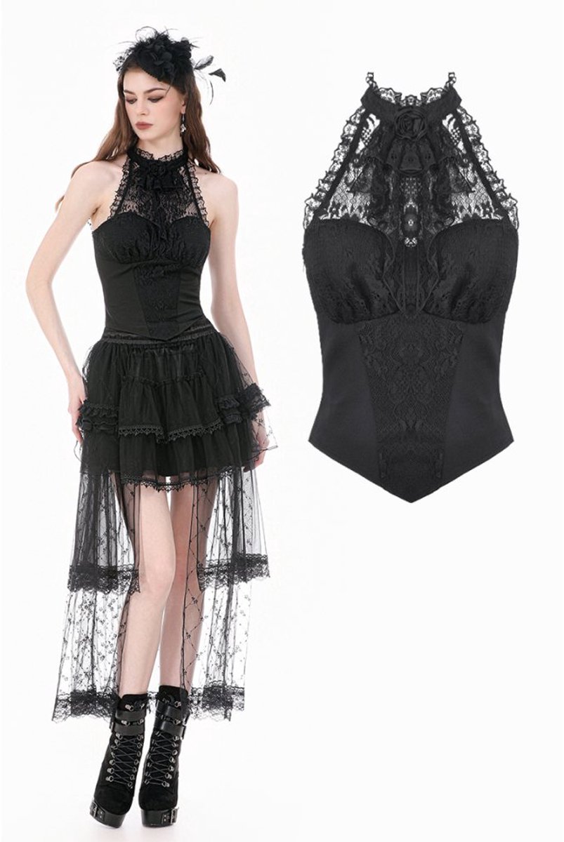 Dark in Love - Gothic Victorian Halter with Lace Panel and 3D Rose Ornament Mouwloze top - S - Zwart