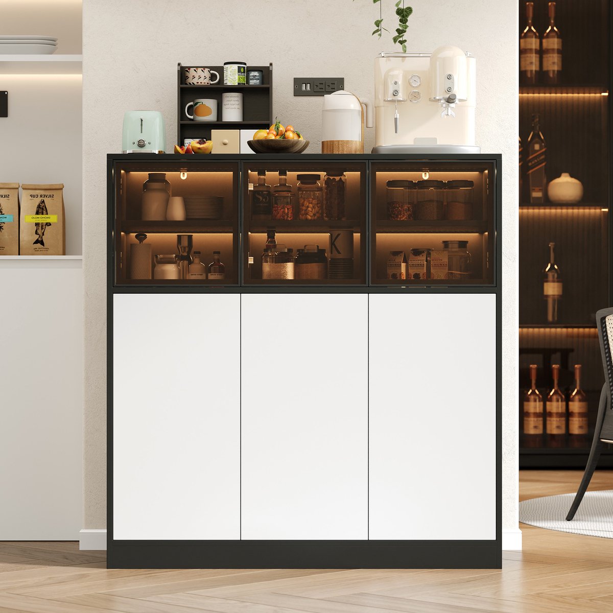 Komhtom - Sideboard en keukenkast met verlichting - 100×40×105 cm - Opbergkast met 3 glazen deuren en 3 witte deuren - Geschikt voor woonkamer, keuken en eetkamer