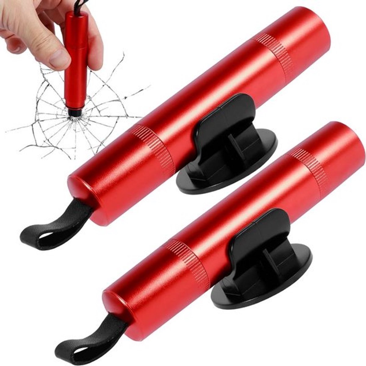 2 stuks - Ruitenbreker - Auto Veiligheidshamer - Noodhamer - Auto Hamer - 2 in 1 Safety Hammer & Gordelsnijder - Inclusief Testglas & Zelfklevende Houder -Rood