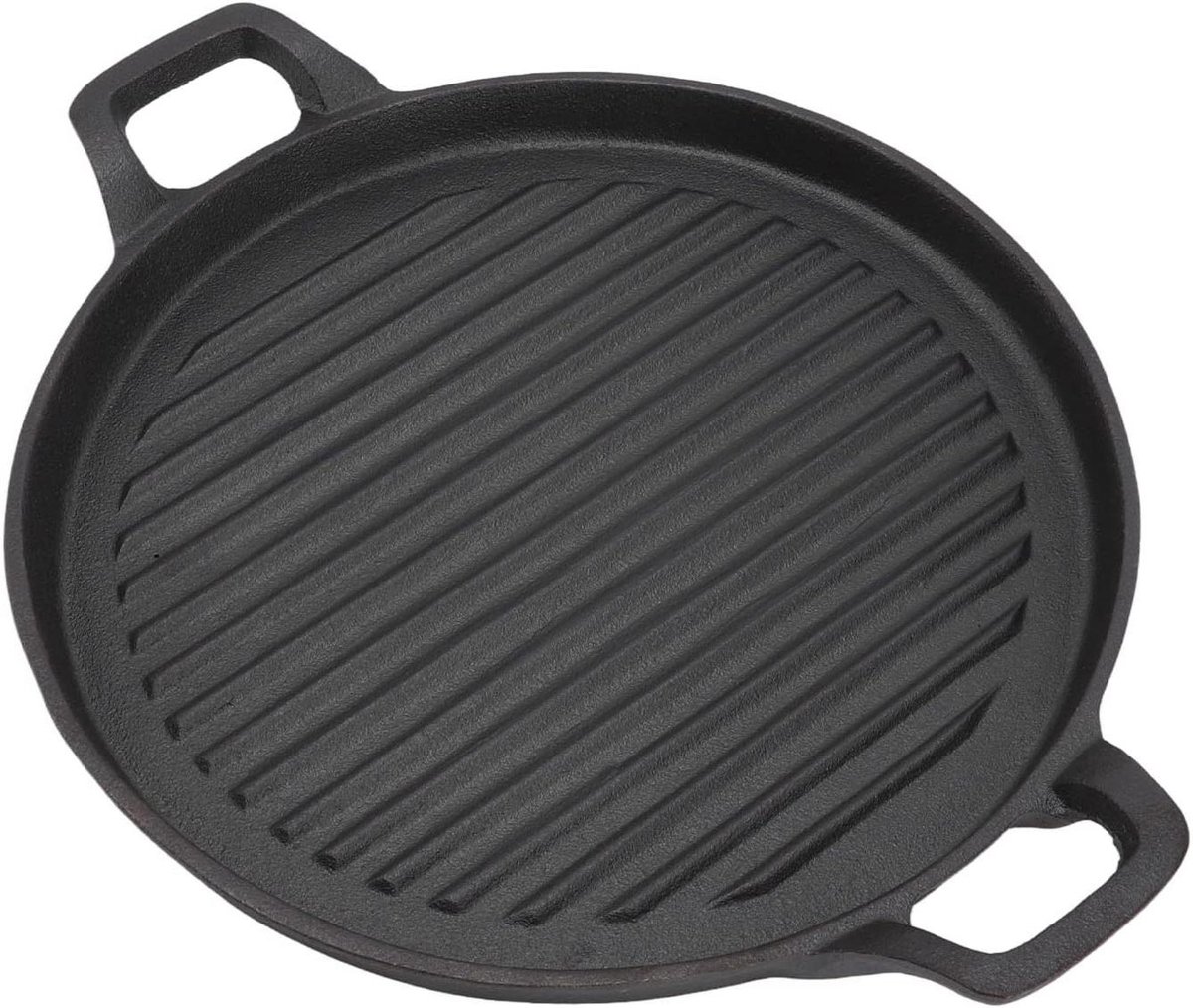 Gietijzeren Bakplaat - Geribbeld Koekenpan - Binnen Buiten Koken - Omkeerbaar Dubbelzijdig - 24 cm Diameter - Zwart