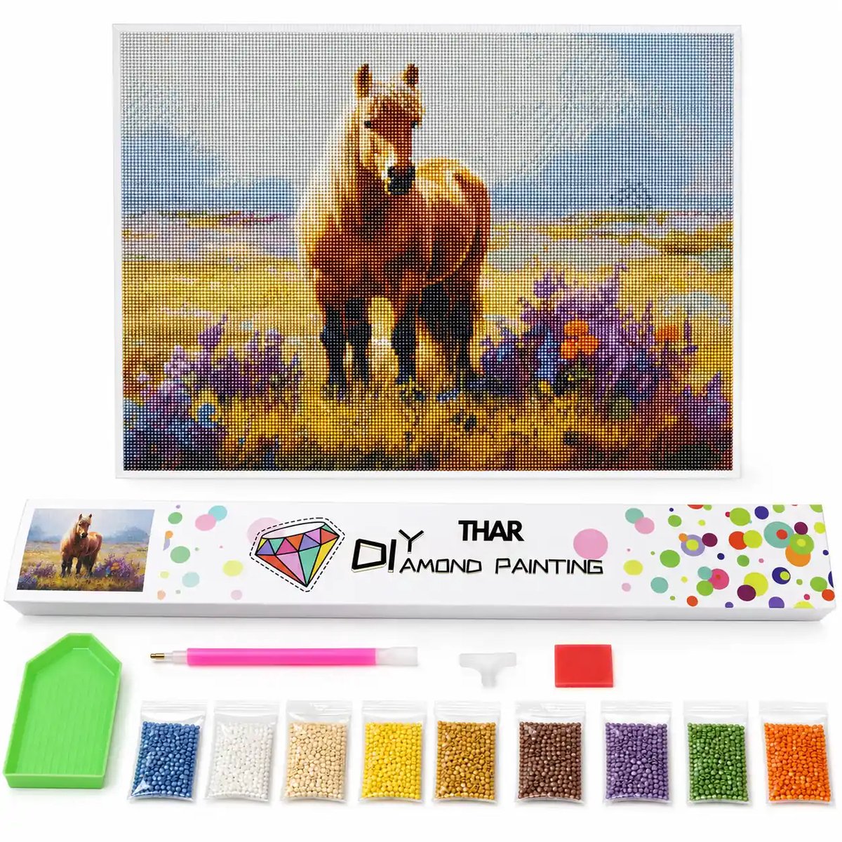 THAR Diamond Painting Paard in Bloemenweide 40x50 cm - Ronde Steentjes