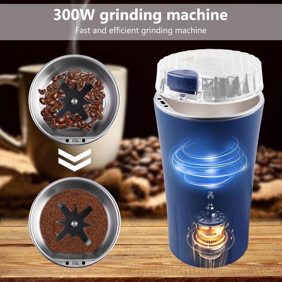 Koffiemolen 300 W met roestvrijstalen messen voor koffiebonen, specerijen en noten - multifunctionele elektrische koffiemolen voor perfect gemalen koffie en kruiden — afbeelding 3