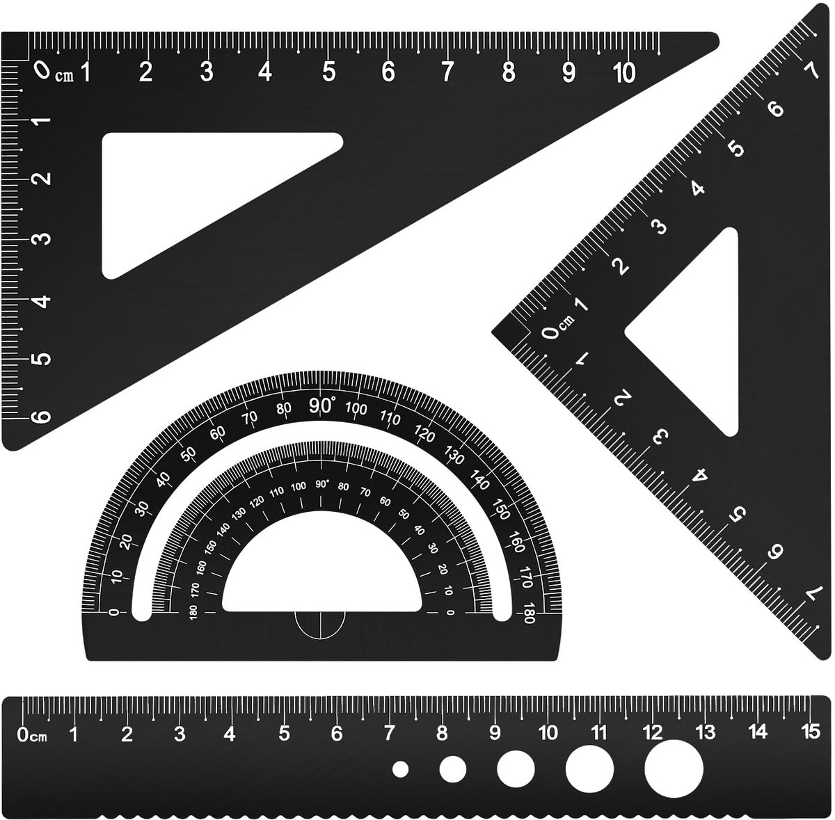 SnelShoppen - 4-delige Geometrie Set met Metalen Linialen, 15 cm, Protractor, Driehoek, Aluminium, Zwart, Perfect voor Studenten, Leraren, Ingenieurs