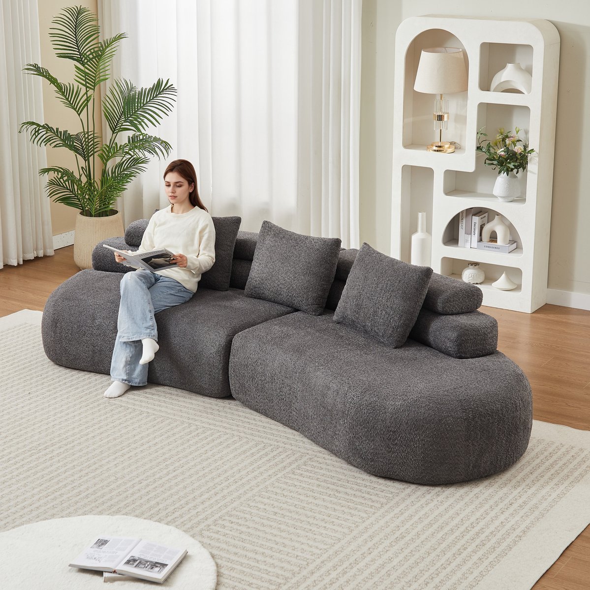 MIVRAY Set - Modulaire Chenille Bank - Halvemaanvormig Zonder Armleuningen - Flexibel Te Combineren Voor Woonkamer - Grijs