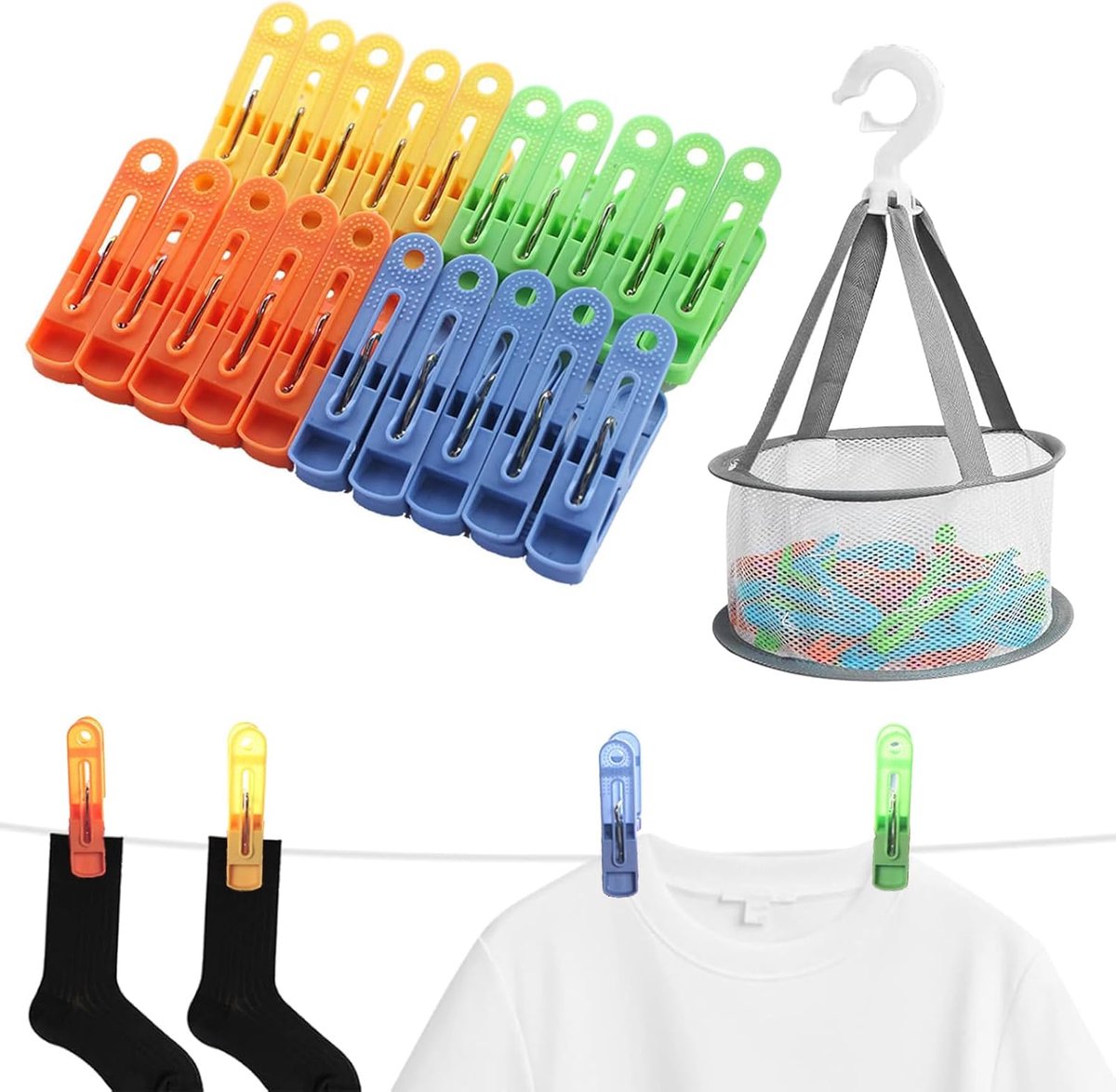 SnelShoppen - 60 Stuks Kleurige Kledingknijpers met Mand, Plastic Kledingknijpers zonder Print, Wasmand voor Kleding, Sokken, Linnen - Ideaal voor Thu