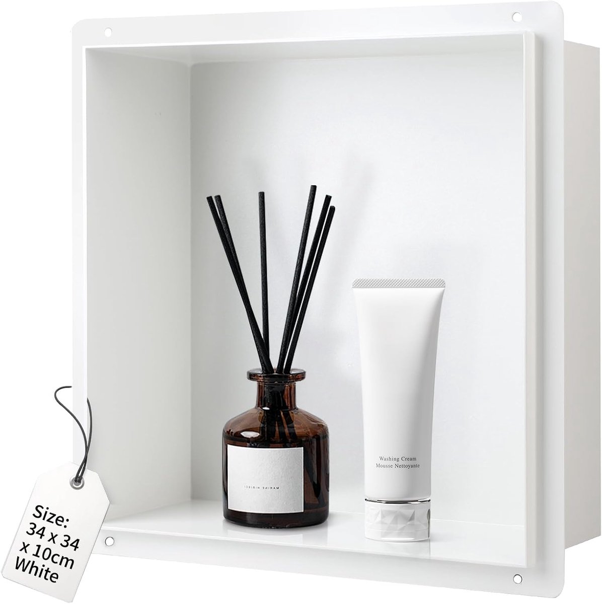 SnelShoppen - Wandniche douche roestvrij staal 34 x 34 x 10 cm, witte douchebak voor ingebouwde opslag, wandniche badkameropslag, enkele plankopslag v
