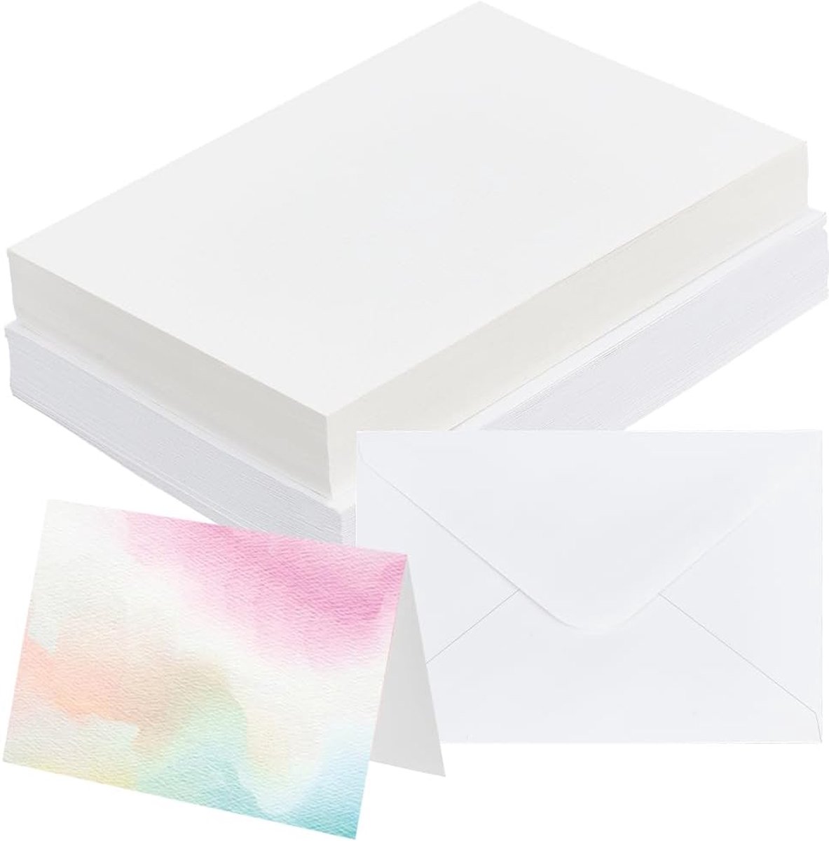 SnelShoppen - 50 Lege Waterverfkaarten met Enveloppen, Katoen, 140 lb/300 g/m², Vouwbaar, 5 x 15,2 cm voor Kerstkaarten, Verjaardag, Bruiloft