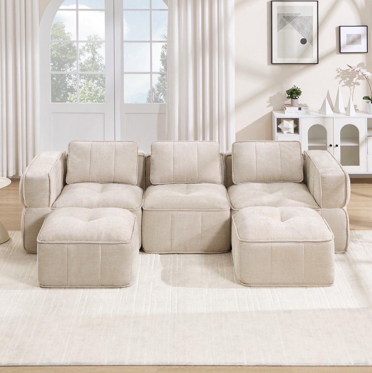 FloraGrace U Bank 3 Zits Met 2 Hockers Ruime Zitvlakken 32D Hoogdicht Schuim Zachte Bekleding Voor Woonkamer Polyester Beige