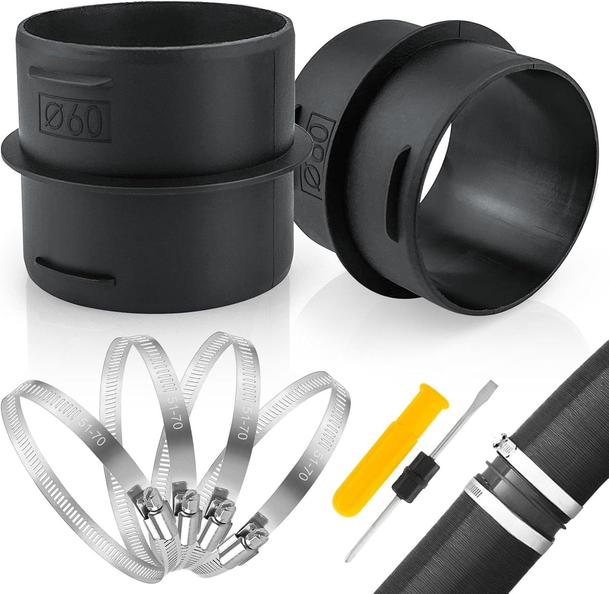 Ducting Joiner Connector, 2 Pieces, 60 mm, Pipe Connector with 4 Stainless Steel Hose Clamps for Round Duct, Pipe - ShopVlot