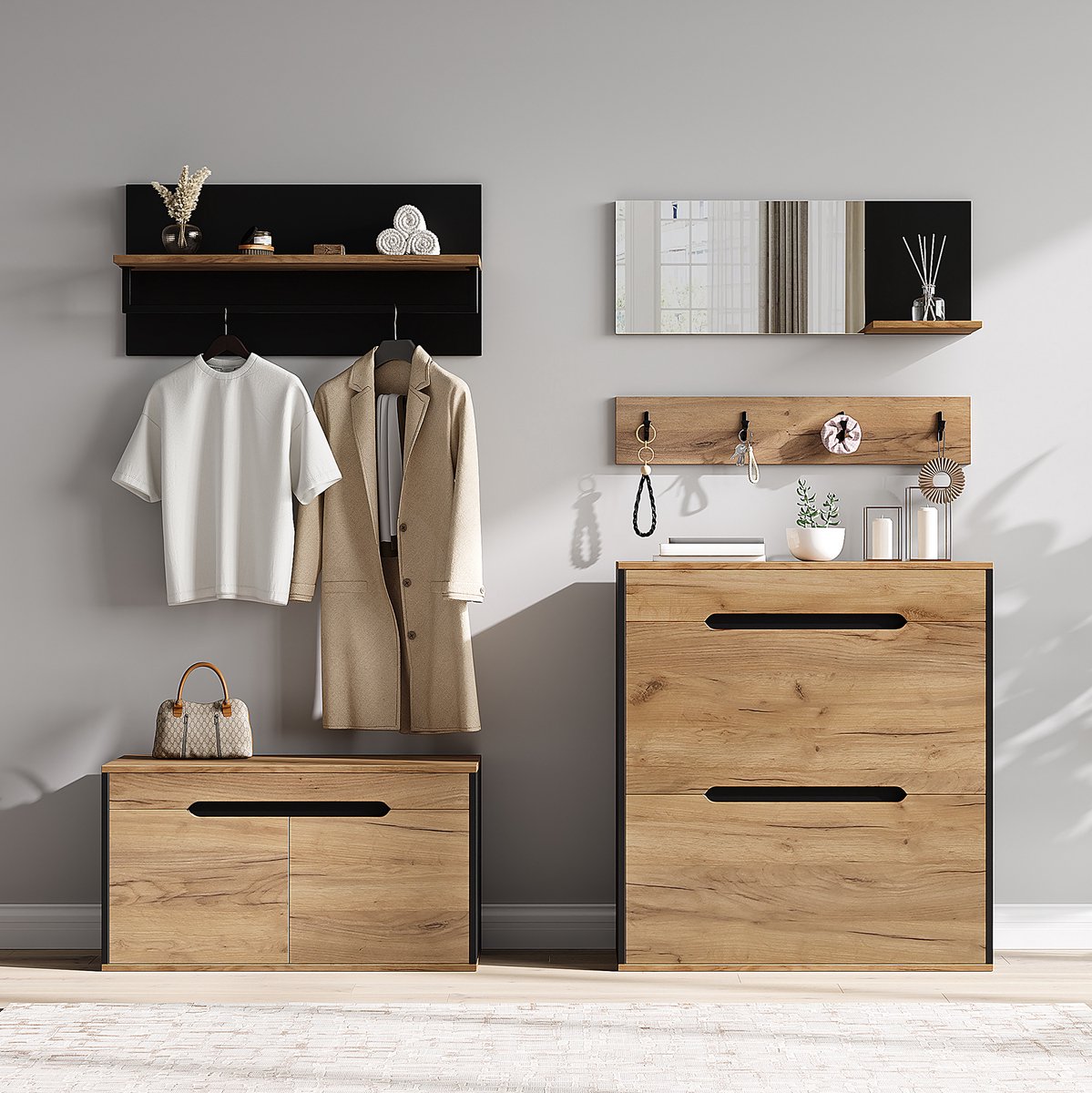 FloraGrace Schoenenkast Garderobeset - Modulair Opbergmeubel Met Spiegel, Haken En Legplank - Naturel Houtkleur En Zwart - 156x36x176 Cm