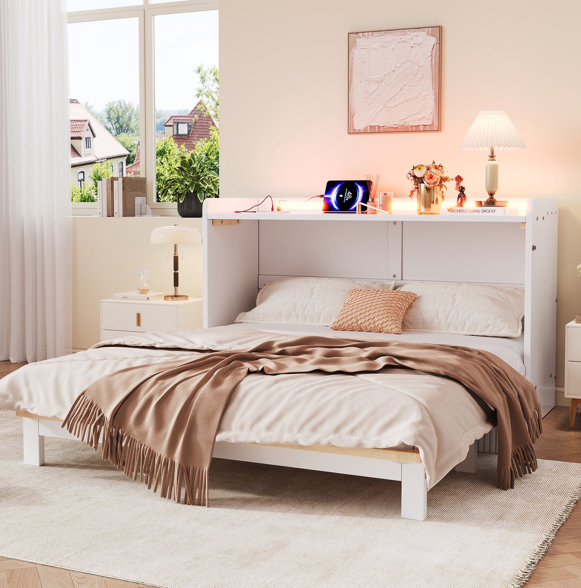 REDOM - Opklapbed met opbergruimte - USB en stopcontact - LED-verlichting - Bedlade - Moderne stijl - Slaapkamer - MDF - Wit - 140 x 200 cm