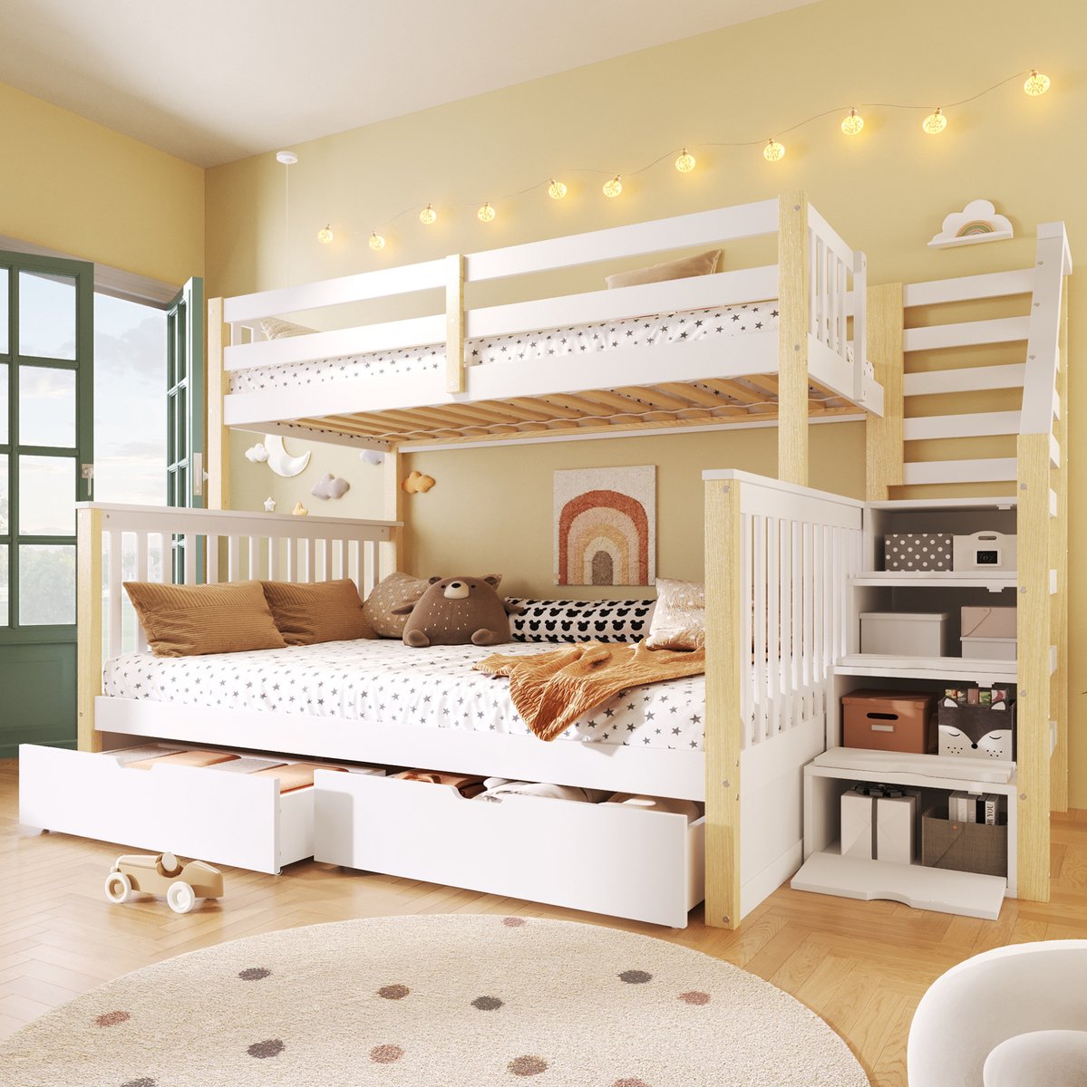 REDOM- Bed - Stapelbed met opbergruimte - Met ladder en bedlade - Zonder matras - Kinderstijl - Kinderkamer - Hout en MDF - Wit naturel - 254 x 145 x 150 cm