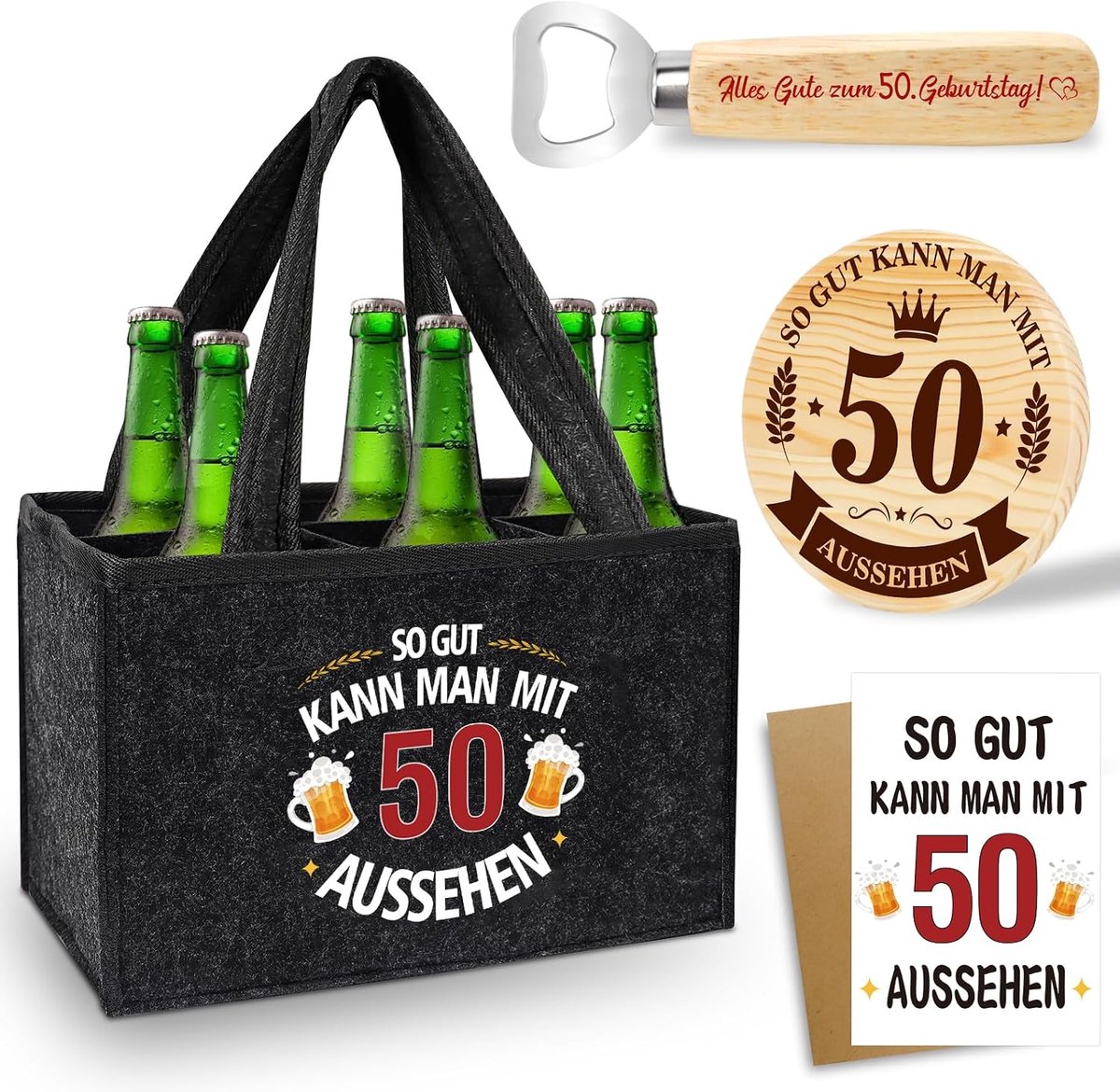 SnelShoppen - 50ste Verjaardag Cadeau Man, Handtas voor Bierflessen, Gepersonaliseerd Geschenk voor Echtgenoot, Vader, Opa, Vilt Flessentas voor 6 Fle
