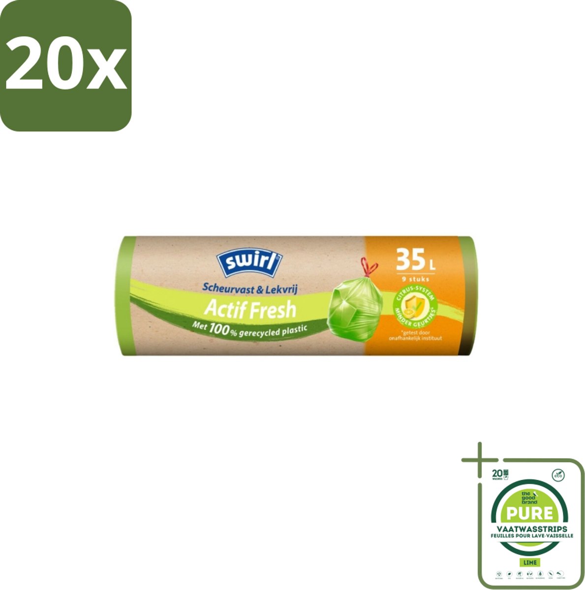20 x Swirl – Vuilniszakken – Trekband Geparfumeerd Actif Fresh – 35 L – 9 zakken - Grootverpakking - Vuilnisbak - Geurabsorber - Trekband - Citroengeur - Biologisch Afbreekbaar